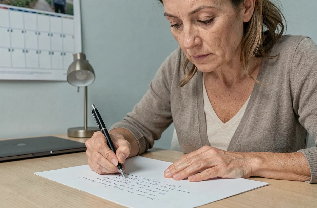 Femme rédigeant soigneusement des limites par écrit sur un bureau ordonné, illustrant les limites posées par écrit