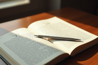 Livre de droit français ouvert sur un bureau en bois avec stylo argenté