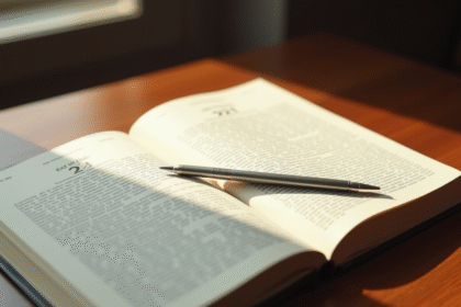 Livre de droit français ouvert sur un bureau en bois avec stylo argenté