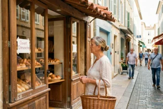 Femme faisant ses courses devant une boulangerie ouverte le dimanche à Montpellier, avec une pancarte 'Ouvert Dimanche' visible en vitrine