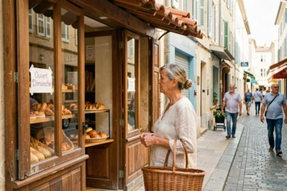 Femme faisant ses courses devant une boulangerie ouverte le dimanche à Montpellier, avec une pancarte 'Ouvert Dimanche' visible en vitrine