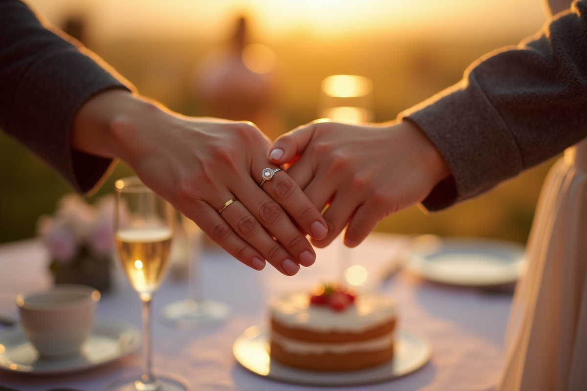 Mains entrelacees avec alliances et gateau d anniversaire