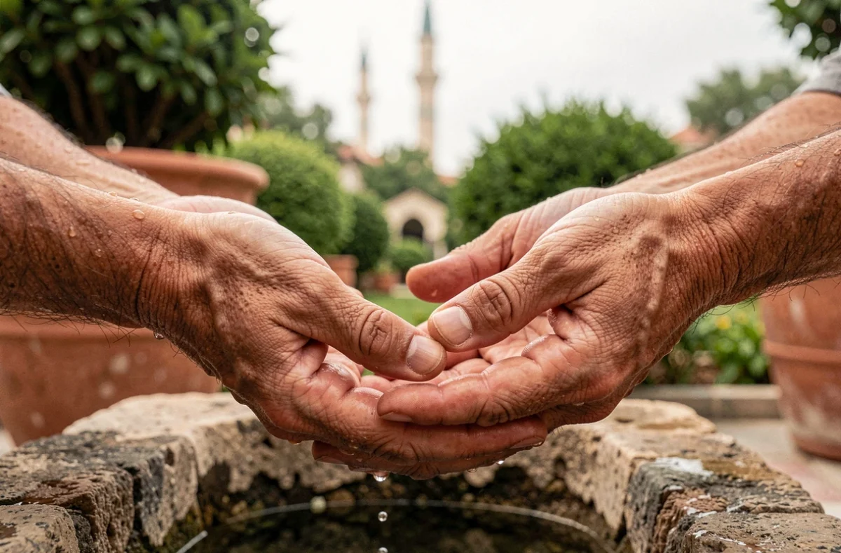 Gros plan de mains d'homme ouvertes en supplication après le woudou, gouttes d'eau visibles, contexte de mosquée en arrière-plan flou
