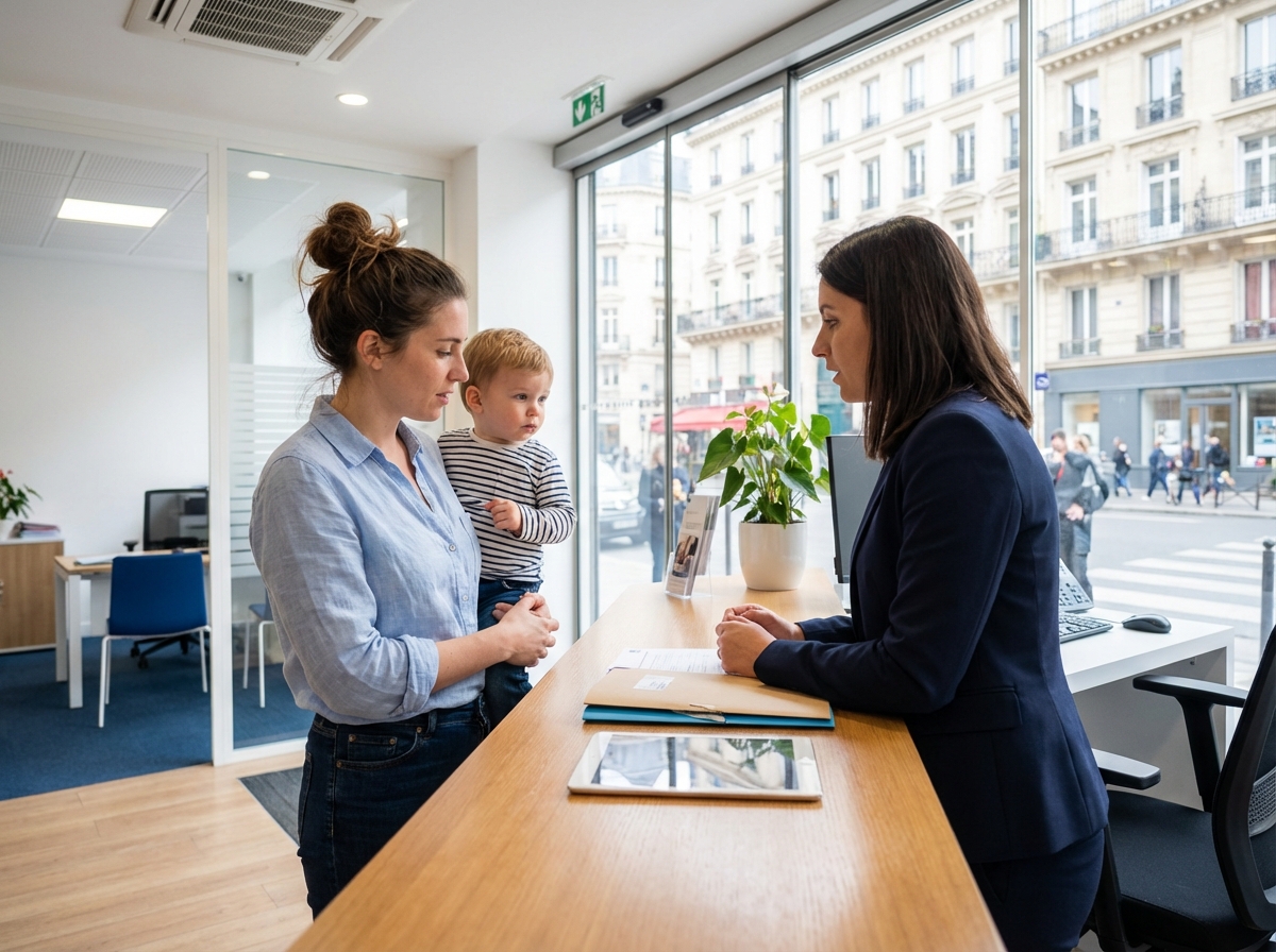 Jeune maman avec son enfant dans un bureau d assurance
