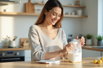 Maman souriante verse du lait maternel dans un sac de stockage dans la cuisine