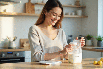 Maman souriante verse du lait maternel dans un sac de stockage dans la cuisine