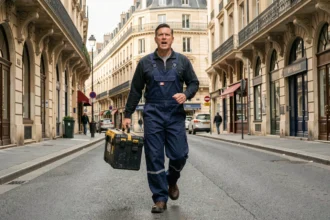 Plombier professionnel en urgence dans une rue urbaine de la région Auvergne-Rhône-Alpes avec sa boîte à outils
