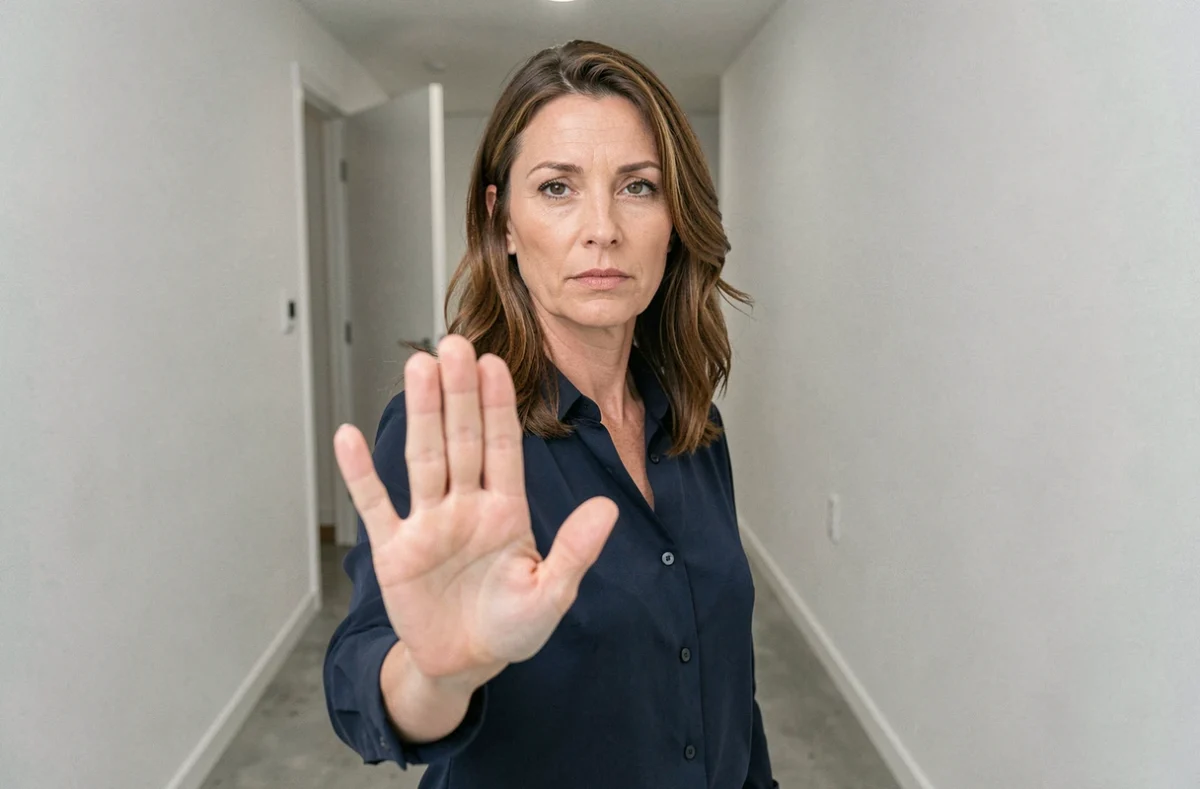 Femme levant la main en signe de refus calme dans un couloir moderne, illustrant le 'non' prononcé sans justification