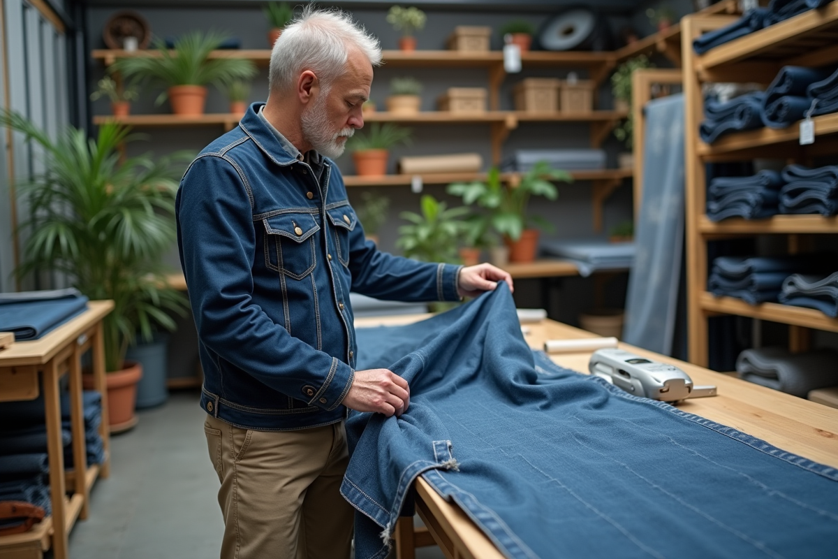 Ouvrier textile examinant des échantillons de denim écologique