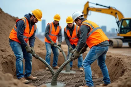 Groupe d'ouvriers en construction avec casque et gilet de sécurité