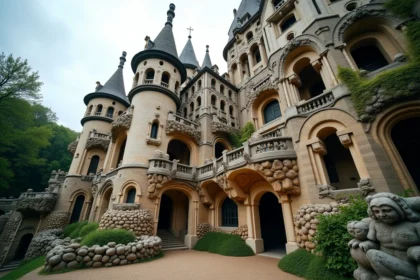 Vue grand angle du Palais Idéal du Facteur Cheval à Hauterives, avec ses sculptures en pierre et ses façades fantastiques couvertes de personnages et d'animaux ciselés