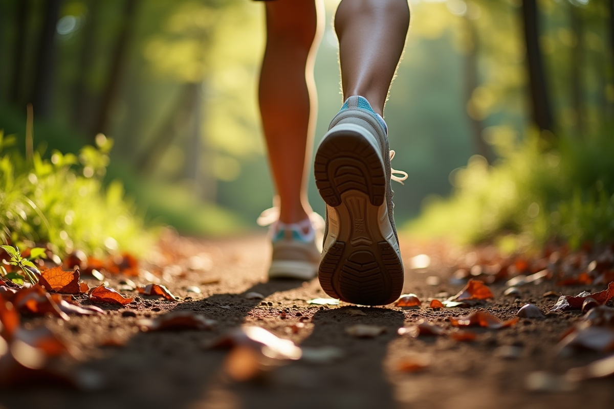 Pieds en mouvement sur un sentier forestier en matinée