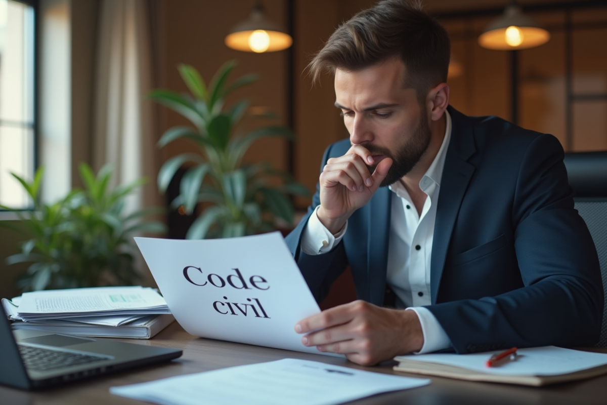 Personne en tenue professionnelle examinant un document du Code civil