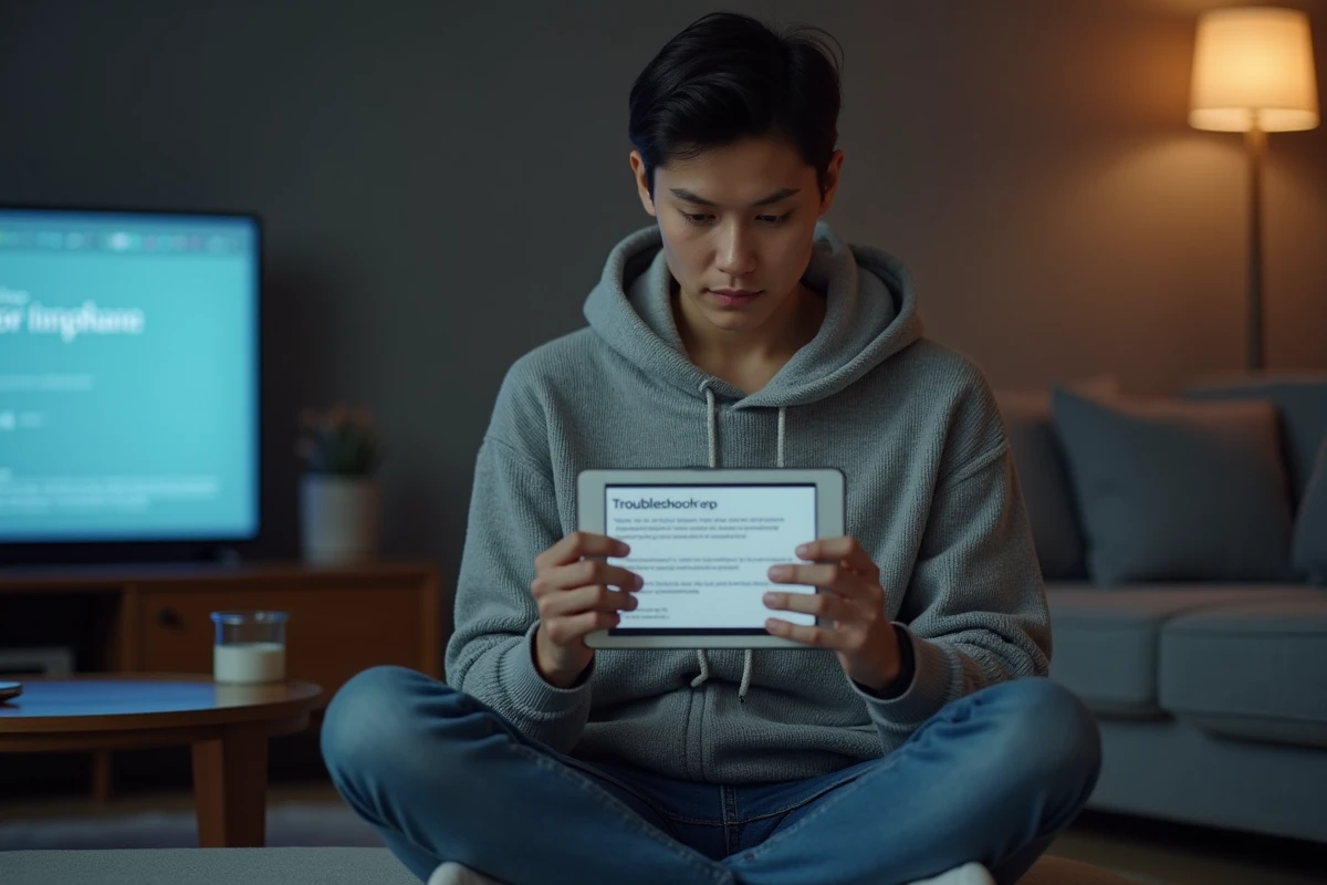 Personne recherchant une solution à un problème de connexion sur une tablette dans son salon