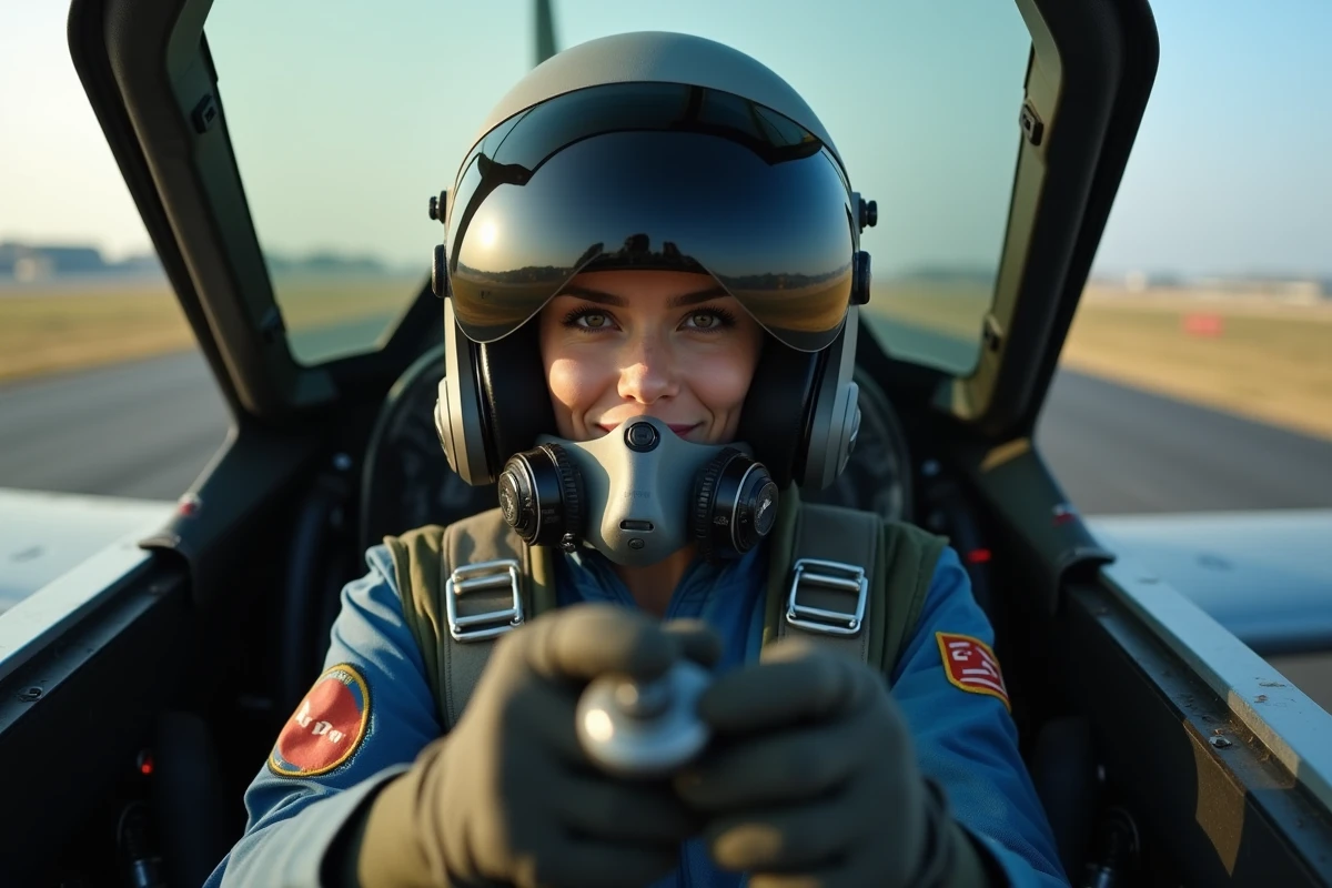 Pilote féminine en casque de vol dans le cockpit d'un chasseur militaire, illustration cinématique Top Gun 3