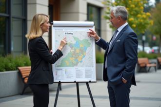 Homme et femme discutant devant une carte urbaine en extérieur