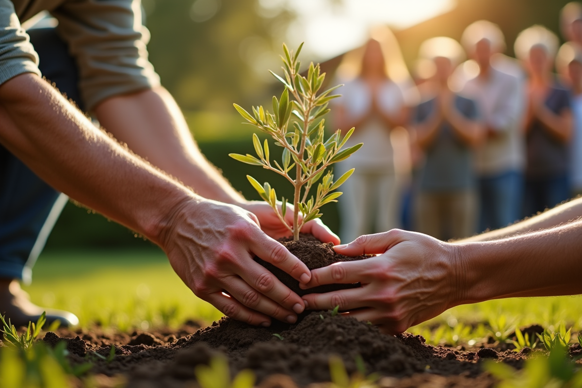 Deux mains âgées plantant un olivier pour un anniversaire de mariage 48 ans