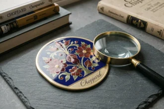 Plaque émaillée Chopard authentique posée sur ardoise avec loupe d'authentification et livres de référence