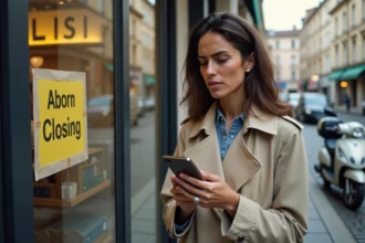 Femme devant un point relai Colissimo fermé tenant son téléphone avec le suivi de colis affiché