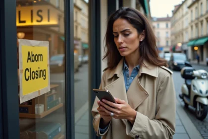 Femme devant un point relai Colissimo fermé tenant son téléphone avec le suivi de colis affiché