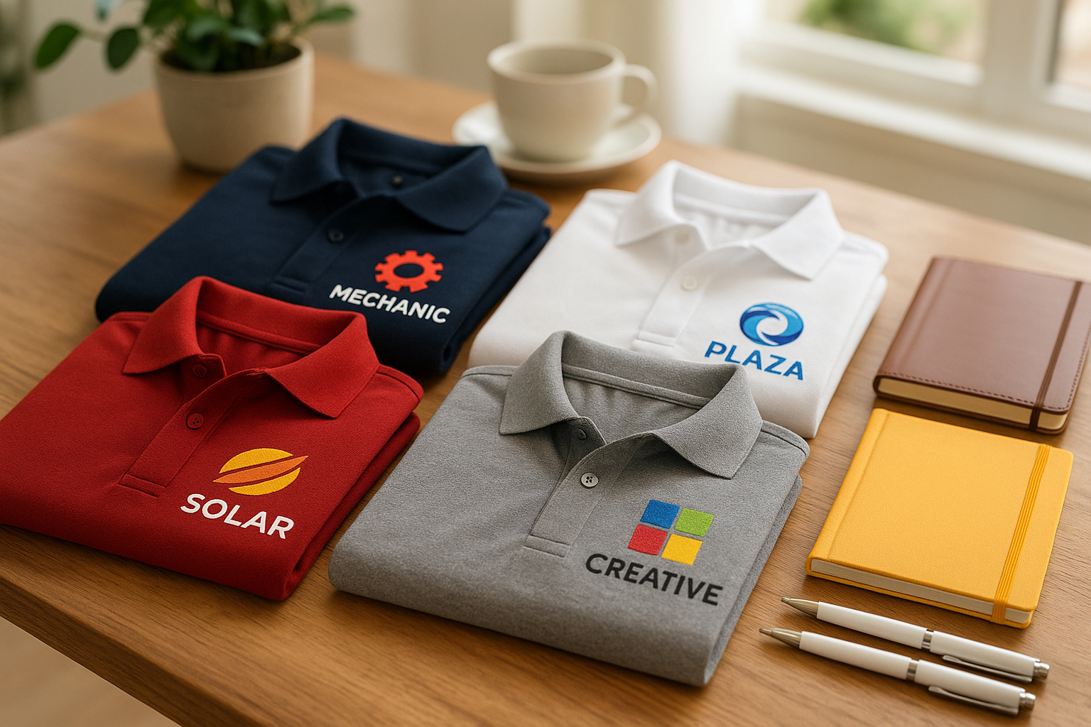Polo personnalisé avec logos colorés sur une table en bois
