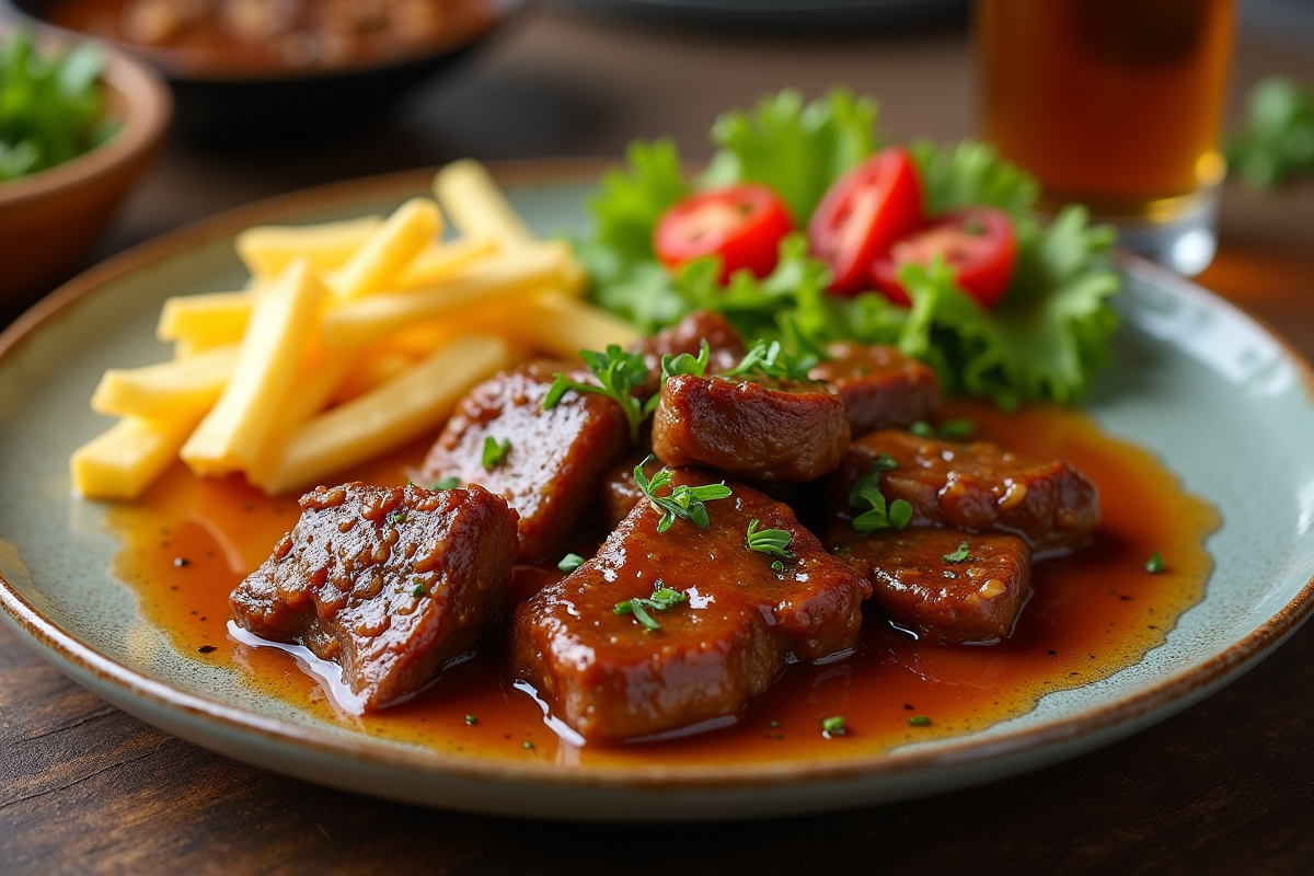 Assiette avec viande en sauce et frites dorées