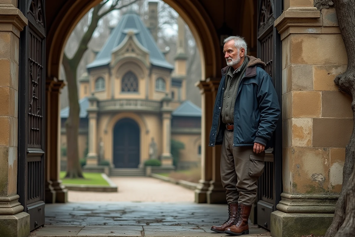 Homme en tenue de facteur contemplant l'entrée du Palais Idéal du Facteur Cheval, évoquant Ferdinand Cheval et son œuvre architecturale unique construite sur 33 ans