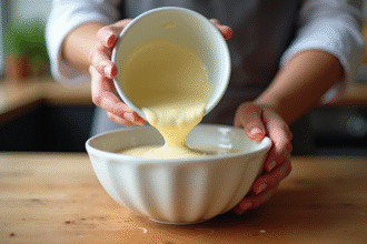 Les mains d'un chef versant de la creme d'amande fraîche dans un bol sur un plan de travail en bois