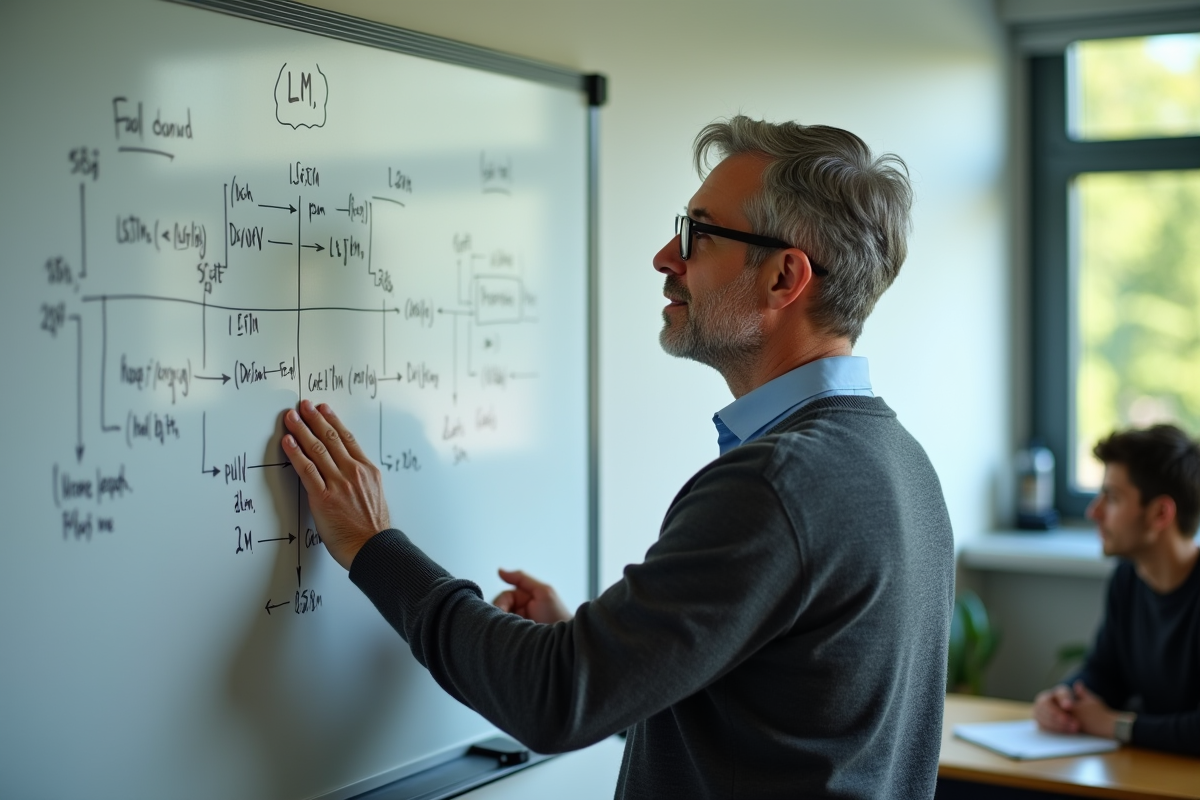 Professeur discute devant un tableau de formules LLM et LSTM