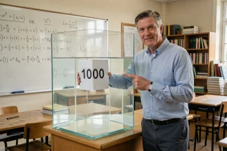Professeur de sciences expliquant la conversion de 1 mètre cube en 1000 litres d'eau à l'aide d'un aquarium cubique transparent en salle de classe