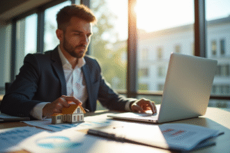 Professionnel travaillant à un bureau moderne avec documents et plans immobiliers
