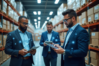 Groupe de professionnels utilisant des tablettes dans un entrepôt connecté