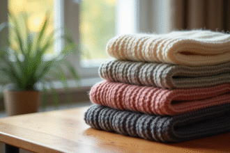 Pulls en laine chenille empiles sur une table en bois