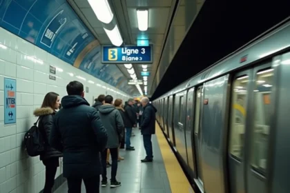 Quai de la ligne 3 du métro parisien avec voyageurs et signalétique de correspondance RER et bus