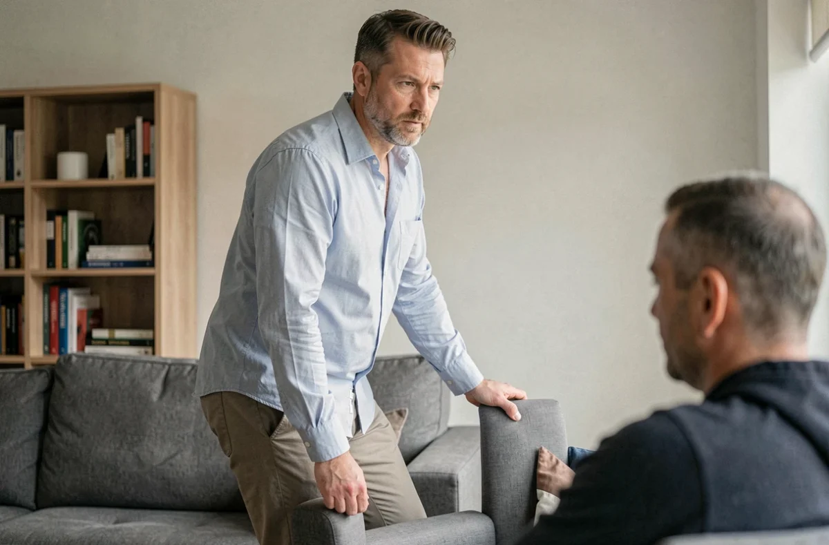 Homme se levant calmement d'une conversation dans un salon moderne, illustrant la capacité à quitter une conversation