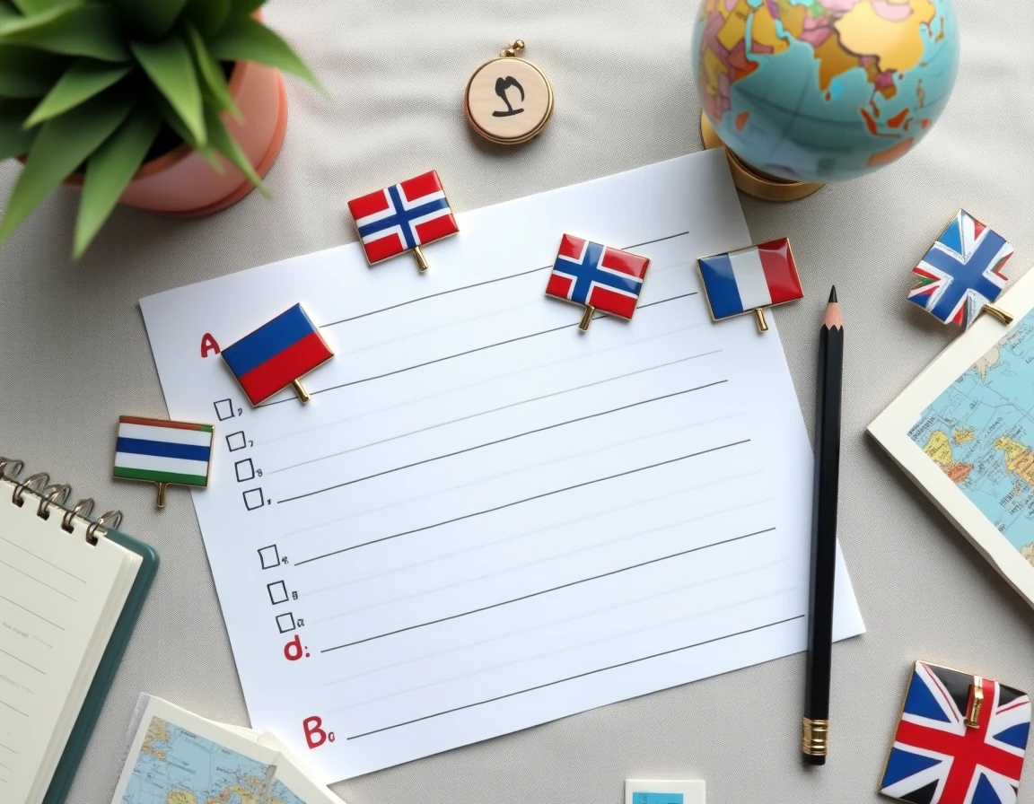 Vue de dessus d'un quiz de géographie manuscrit entouré de drapeaux de pays commençant par F comme France, Fidji et Finlande sur fond de lin gris