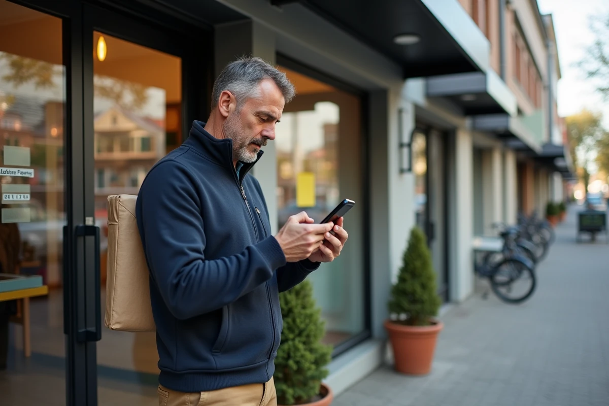 Homme cherchant un point relais UPS sur smartphone devant une supérette pour retour de colis