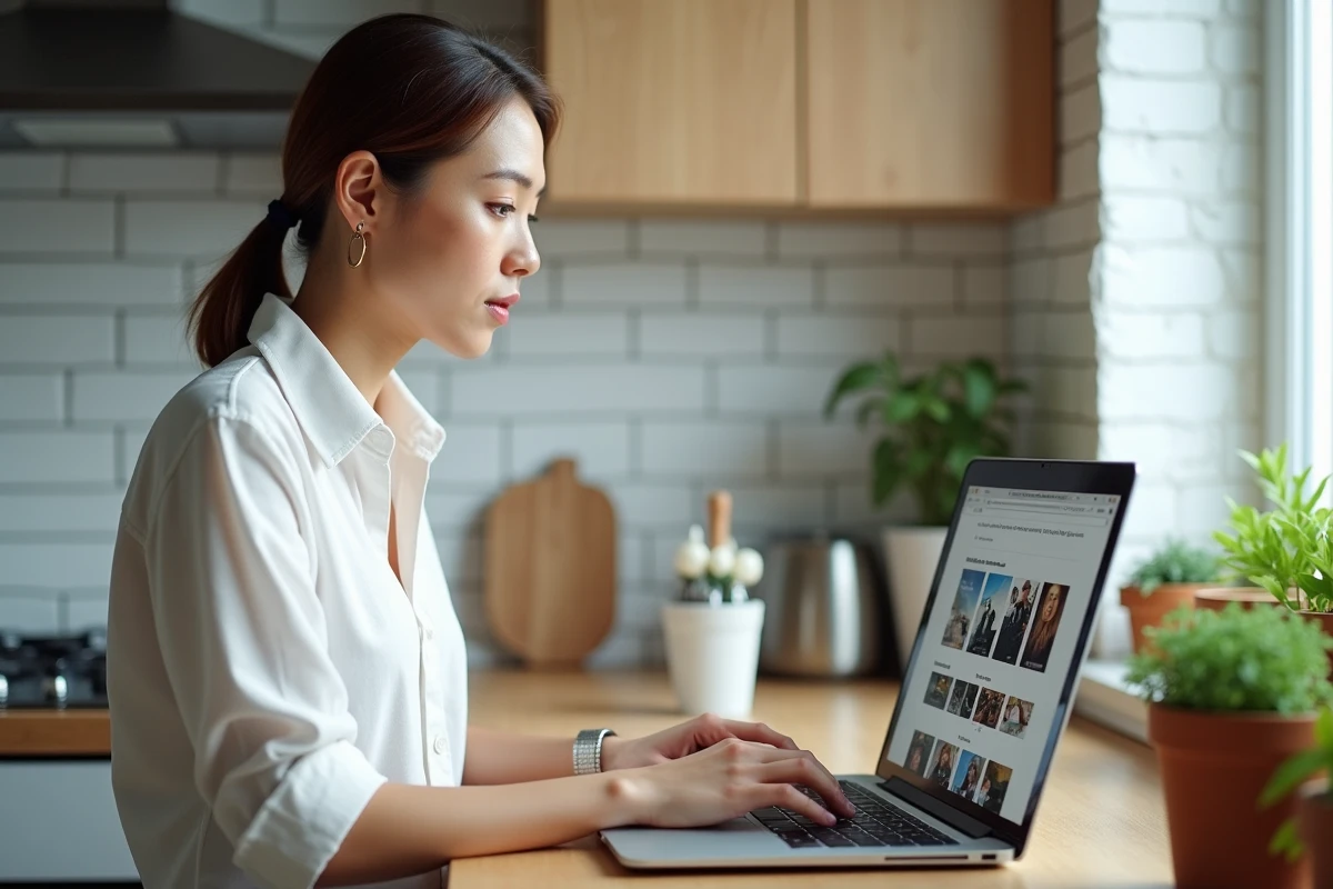 Femme recherchant un site de streaming de films depuis une cuisine moderne