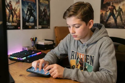 Adolescent récupérant un code Brawl Stars oublié sur son smartphone dans une chambre gaming