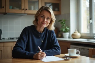Femme rédigeant une lettre d'attestation d'hébergement à la main dans une cuisine d'appartement