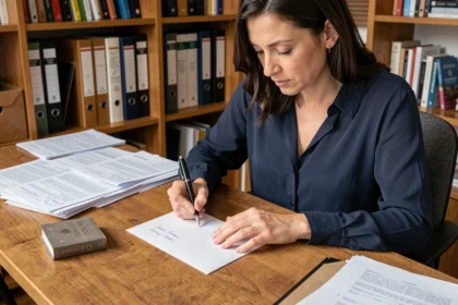 Femme rédigeant un libellé d'adresse sur une enveloppe selon les normes postales françaises