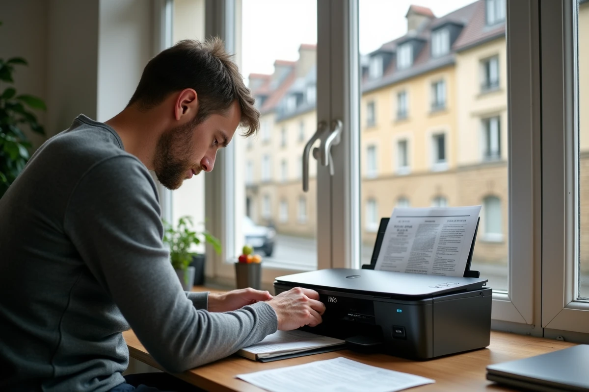 Homme remplaçant une cartouche d'encre dans une imprimante dans un bureau à domicile au Luxembourg