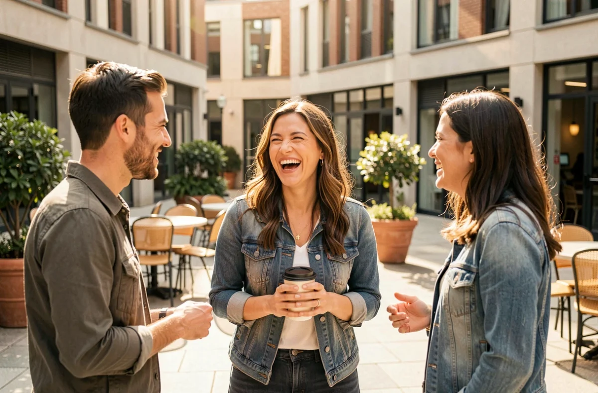 Femme riante entourée d'amis dans une plaza urbaine ensoleillée, illustrant le réseau social maintenu et actif