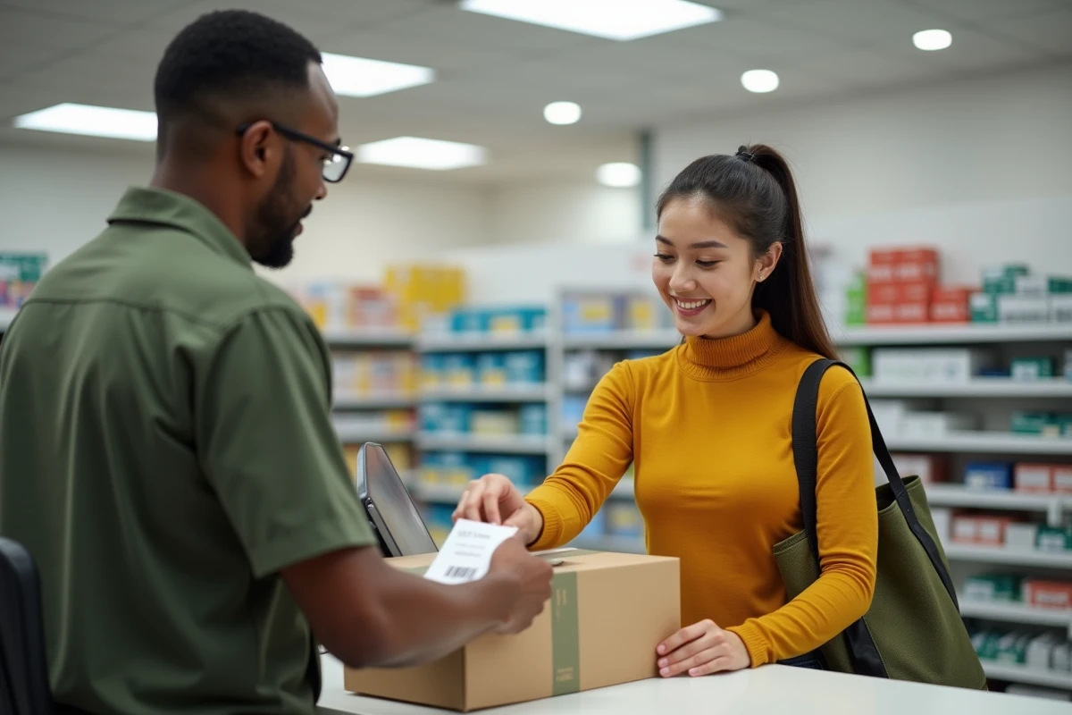 Jeune femme remettant un colis de retour UPS à un employé de point relais en pharmacie