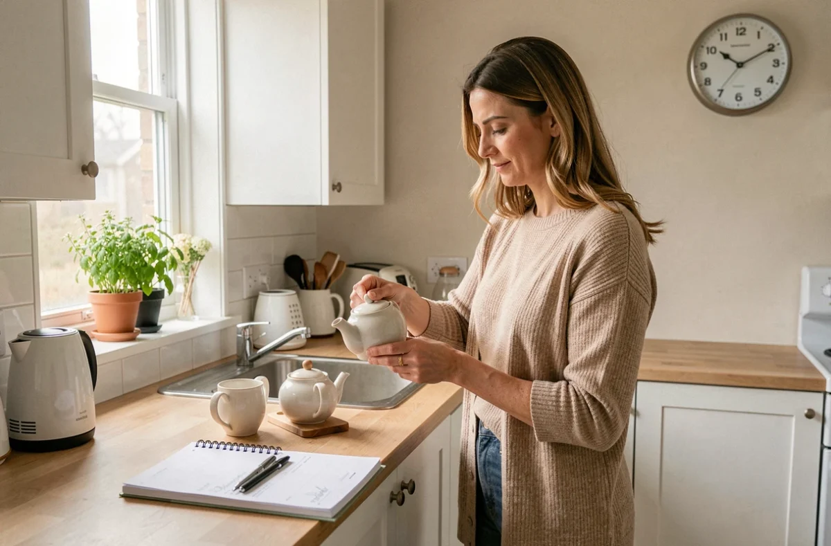 Femme préparant son thé dans une cuisine ordonnée avec un agenda ouvert, illustrant la routine personnelle préservée