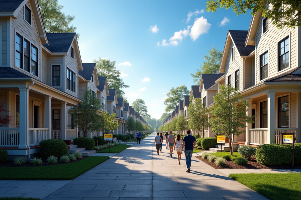 Rue urbaine avec panneaux de vente devant différentes maisons