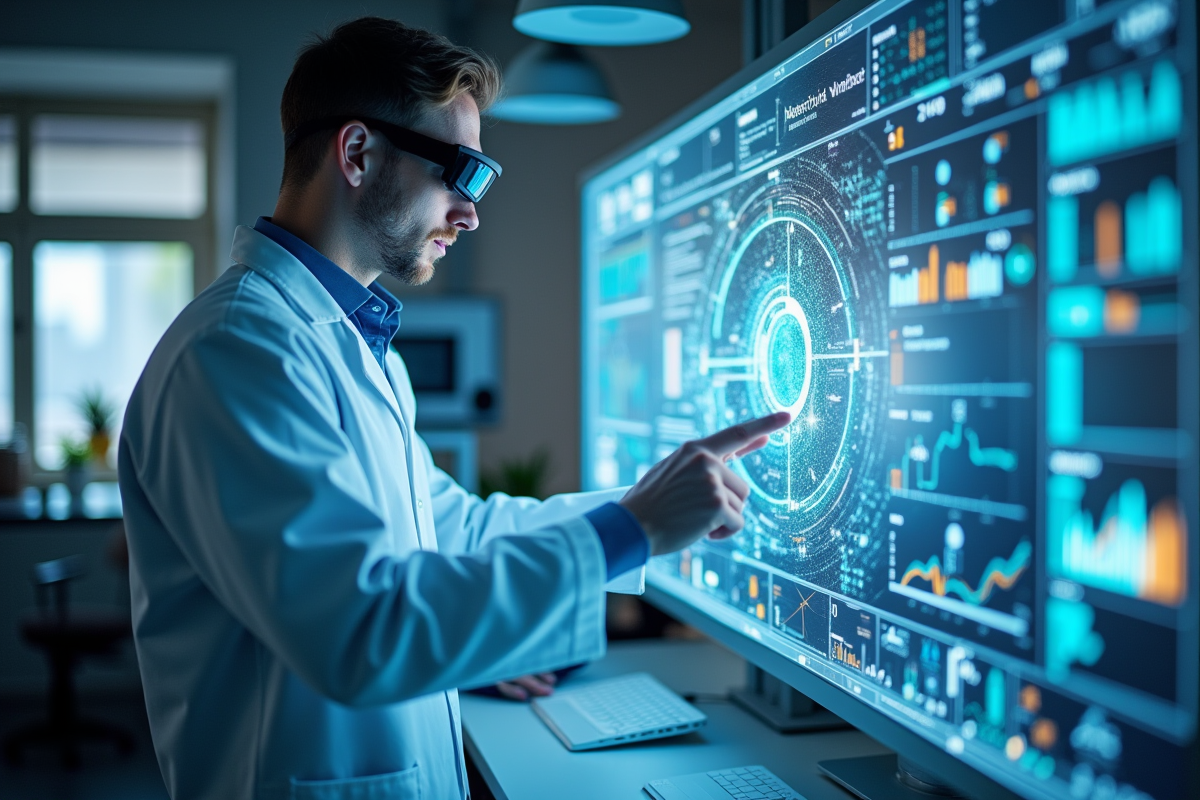 Scientifique en laboratoire avec lunettes connectees et écrans holographiques