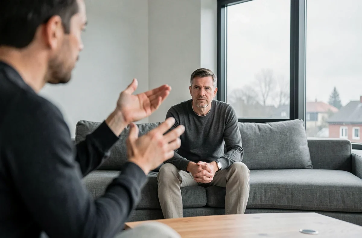Homme assis gardant un silence composé face à une personne agitée floue au premier plan, illustrant le silence face à la provocation