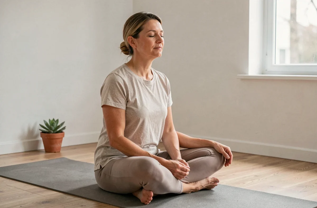 Femme en position de méditation sereine sur un tapis de yoga dans un espace minimaliste, illustrant la stabilité émotionnelle constante