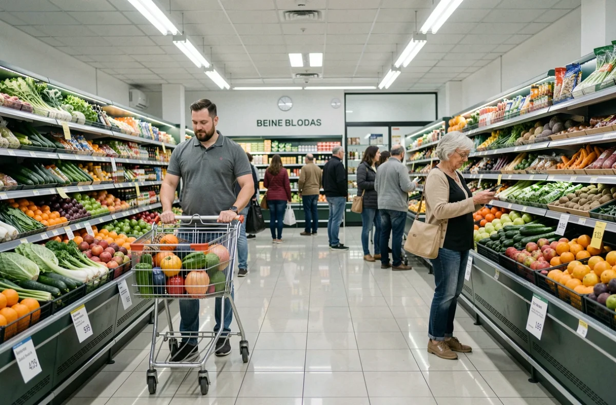 Intérieur d'un supermarché ouvert le dimanche à Montpellier avec des clients faisant leurs courses dans le rayon fruits et légumes